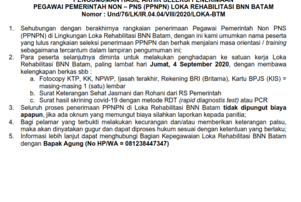 Pengumuman Hasil Akhir Penerimaan Pegawai Pemerintah Non-PNS (PPNPN) 2020